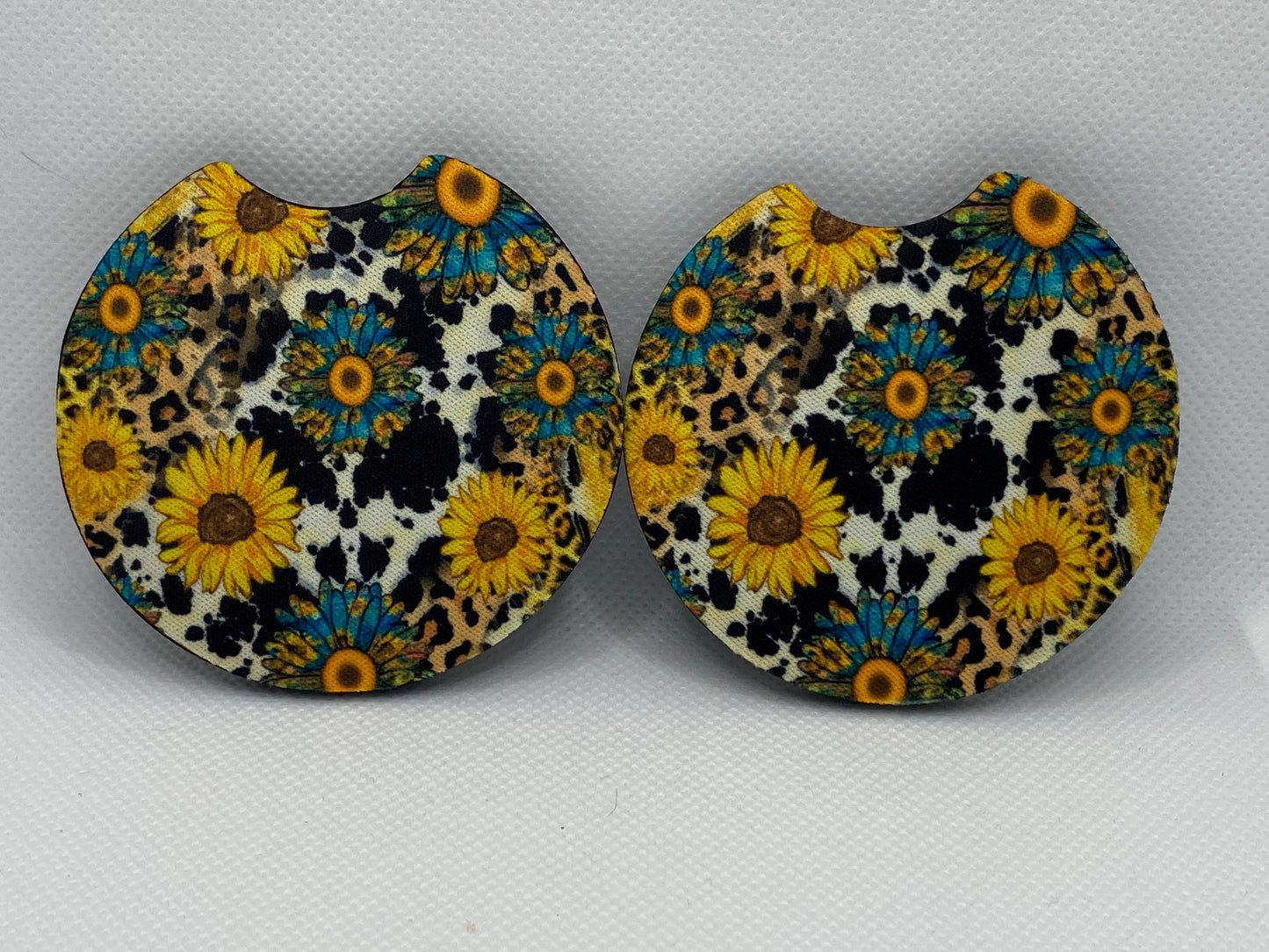 Rustic Sunflowers With Cow Print And Leopard Print Car Coasters