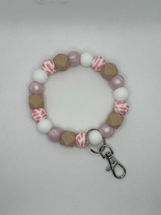 Pink Cow Print And Brown Oversized Silicone Bead Wristlet