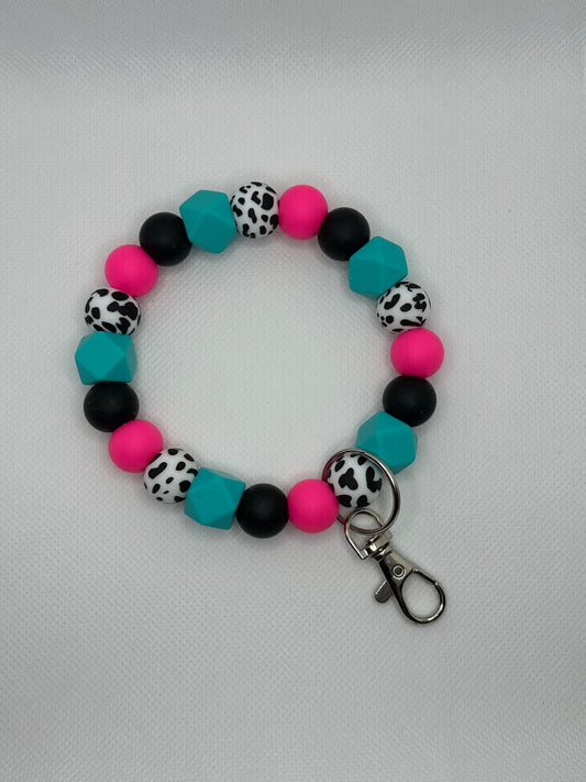 Rustic Hot Pink And Cow Print With Hexagon Beads Oversized Silicone Bead Wristlet