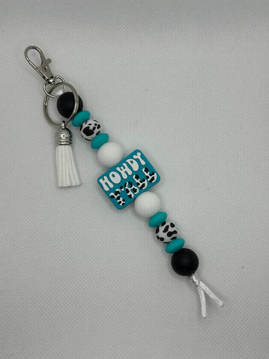 Teal Howdy Y’all Cow Print Large Silicone Bead Keychain