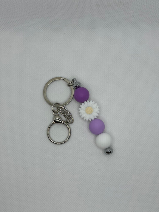 White Daisy And Purple Silver Metal Keychain