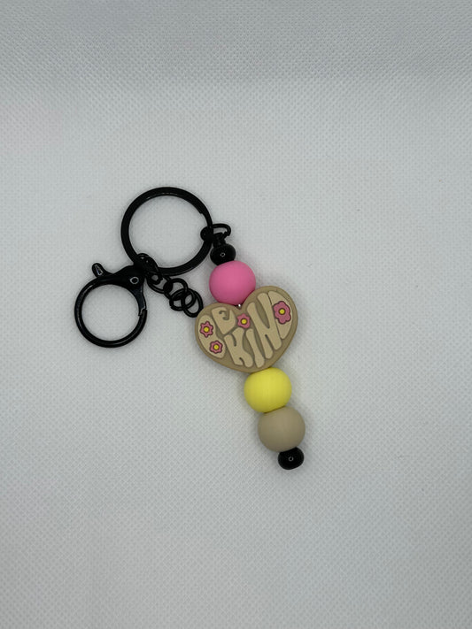 Light Brown Be Kind Heart Silicone Beaded Black Metal Keychain