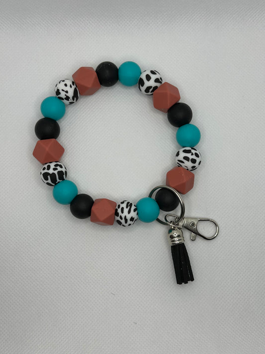Rustic Red Brown And Cow Print With Hexagon Beads Oversized Silicone Bead Wristlet
