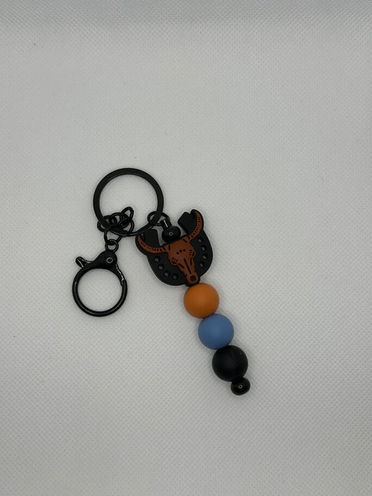 Black Horseshoe Bull Skull Black Metal Keychain