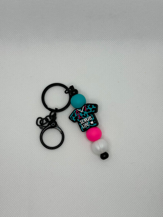 Teal Scrub Life Nurse Silicone Bead Black Metal Keychain