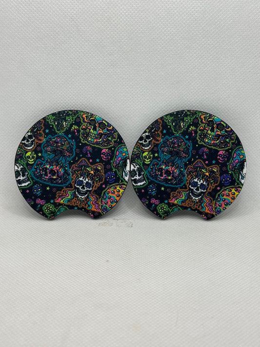 Trippy Skulls And Mushrooms Car Coasters