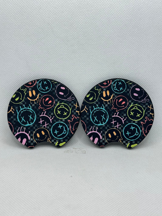 Checkerboard Smilies Car Coasters