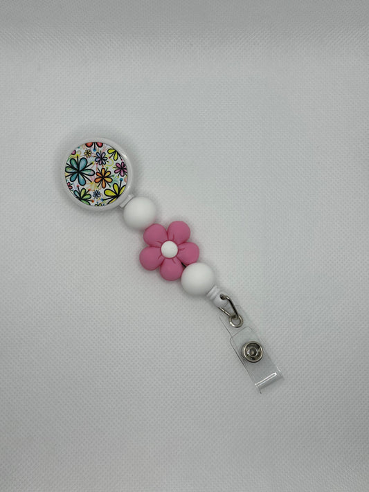 Watercolor Daisies Pink Flower White Badge Reel