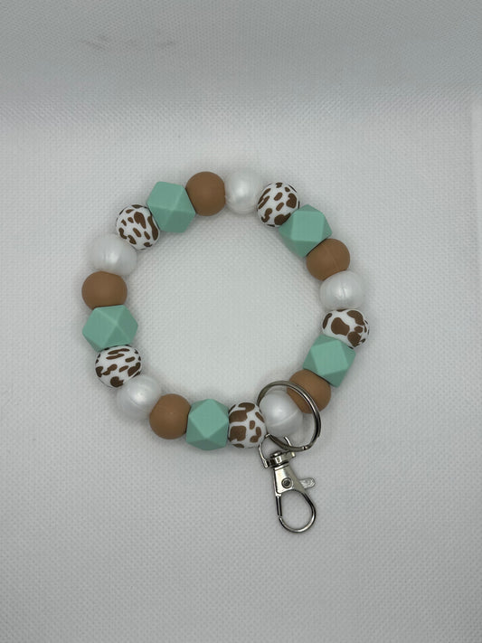 Brown Cow Print And Mint Oversized Silicone Bead Wristlet