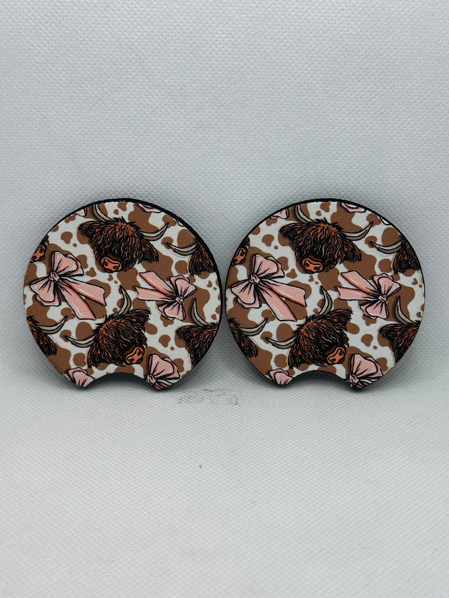 Highland Cow And Bows Car Coasters