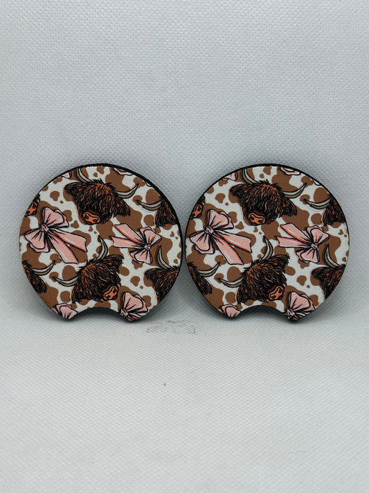 Highland Cow And Bows Car Coasters
