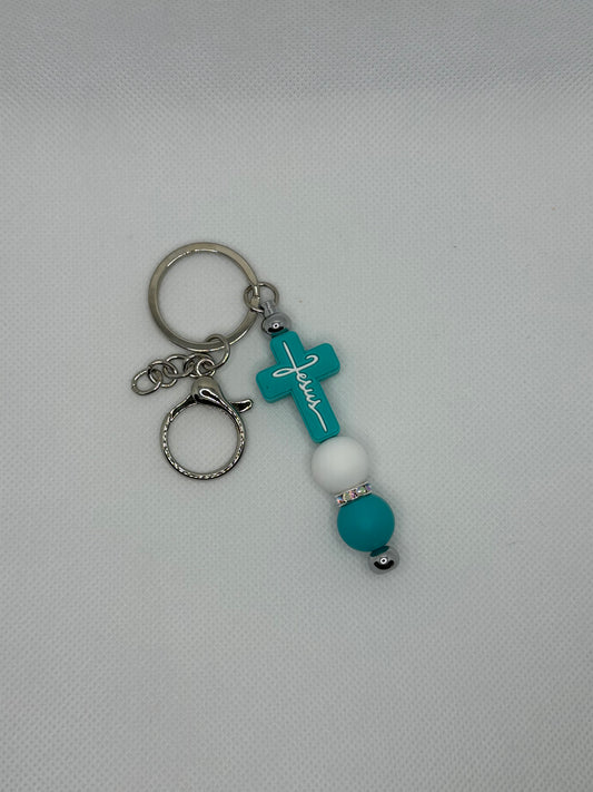 Teal Jesus Cross Silver Metal Keychain