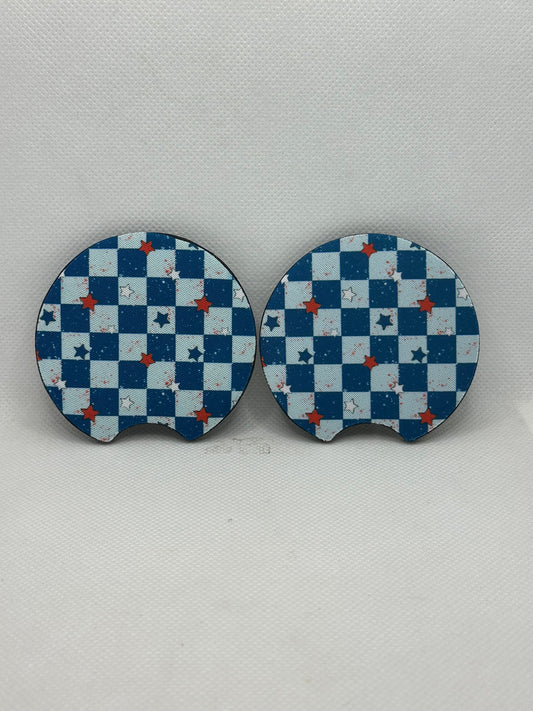 Blue Checkerboard USA Car Coasters