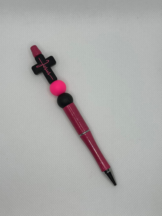 Black And Pink Cross Faith Jesus Pink Glitter Silicone Beaded Pen