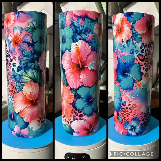 Pink And Blue Hibiscus Flowers And Leopard Print 20oz Glossy Sublimation Tumbler