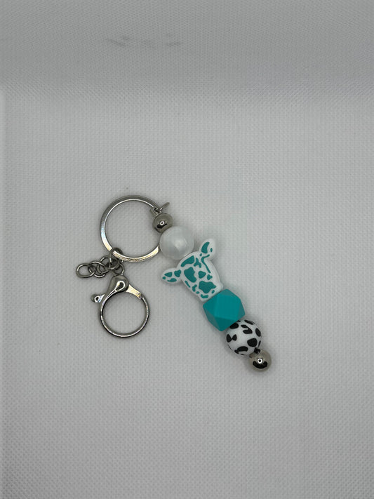 Teal Cow Head Silver Metal Keychain