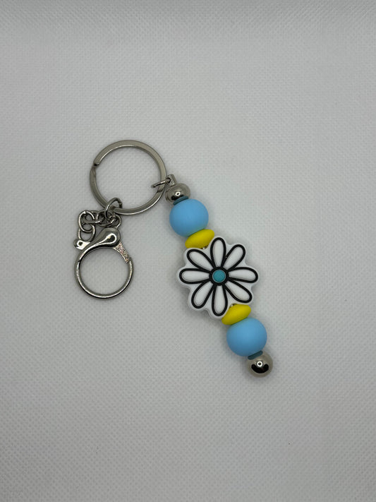 White Flower Daisy Silver Metal Keychain