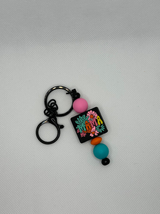Bright Floral Mama Silicone Beaded Black Metal Keychain
