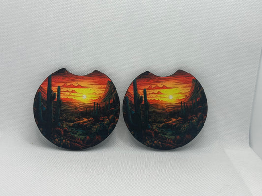 Cactus Desert Sunset Car Coasters
