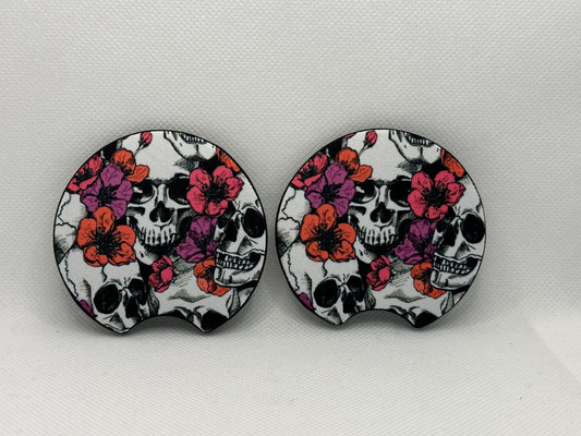Skulls And Flowers Pink And Purple Car Coasters