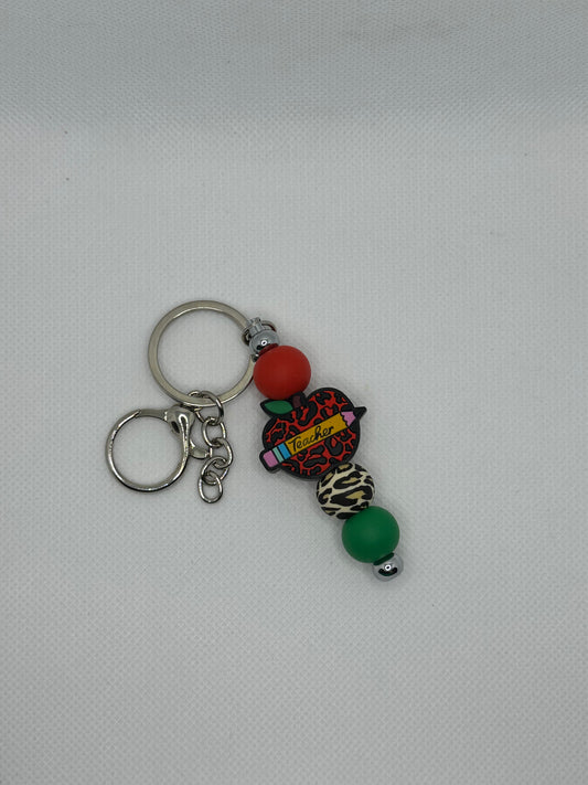 Teacher Leopard Red Apple Silicone Bead Silver Metal Keychain