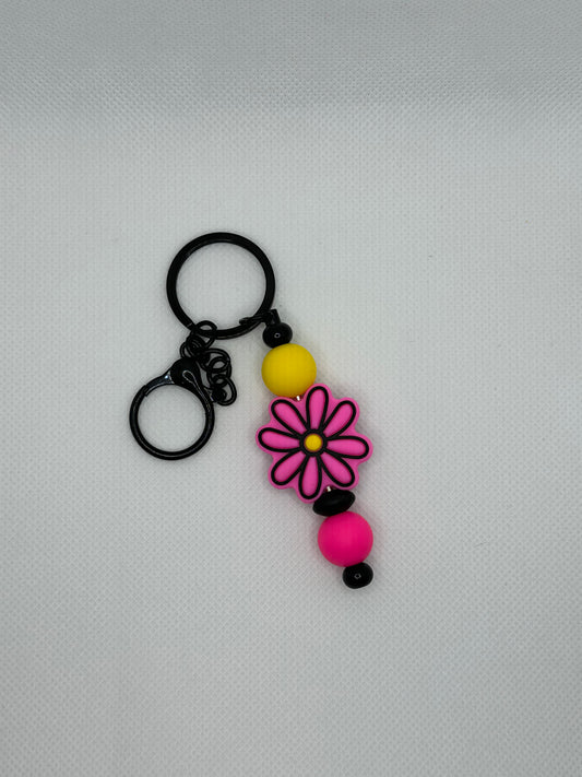 Hot Pink Flower Daisy Black Metal Keychain