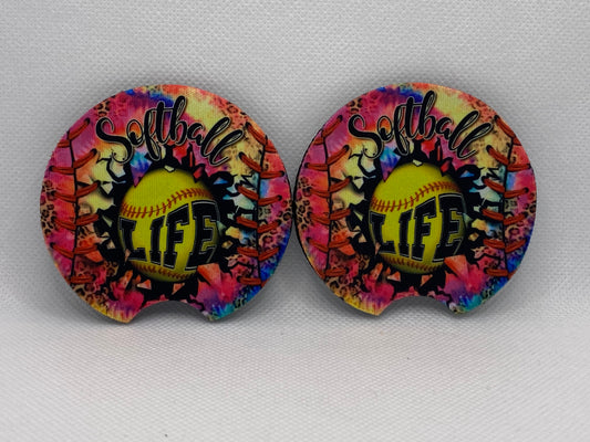 Softball Life Tie Dye And Leopard Car Coasters