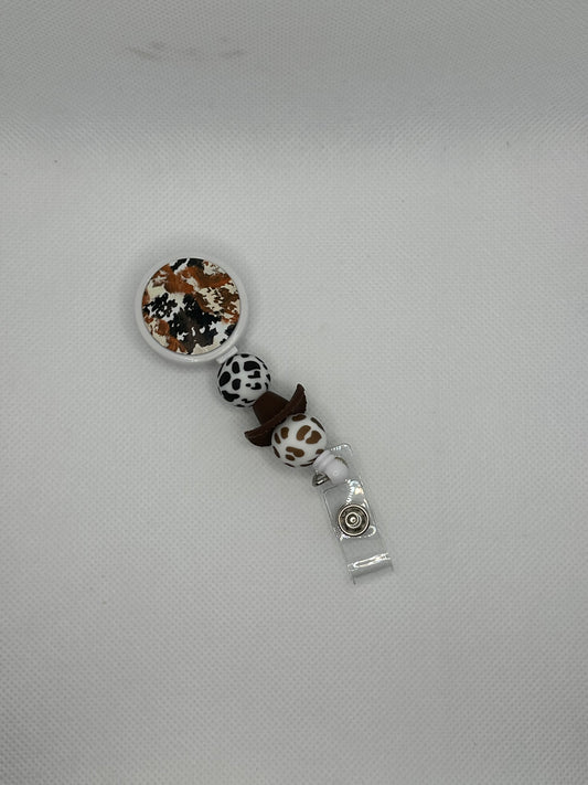 Brown Cowboy Hat Cowhide White Badge Reel