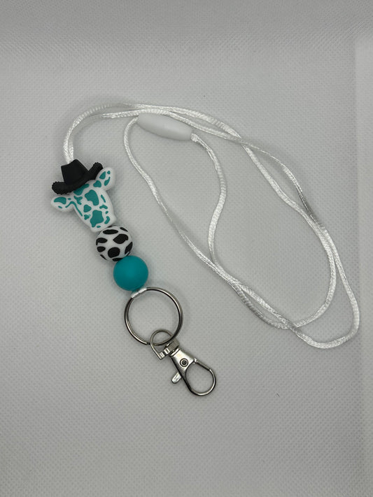 Teal Cow And Black Cowboy Hat White Breakaway Lanyard
