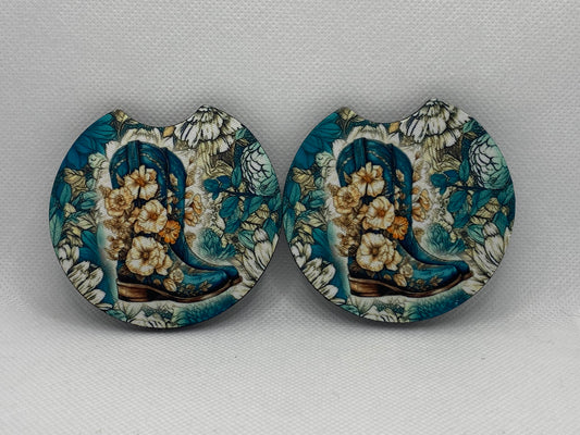 Teal Cowgirl Boots And Flowers Car Coasters