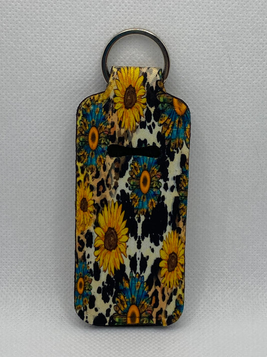Sunflowers Cow Print And Leopard Print Chapstick Holder Keychain